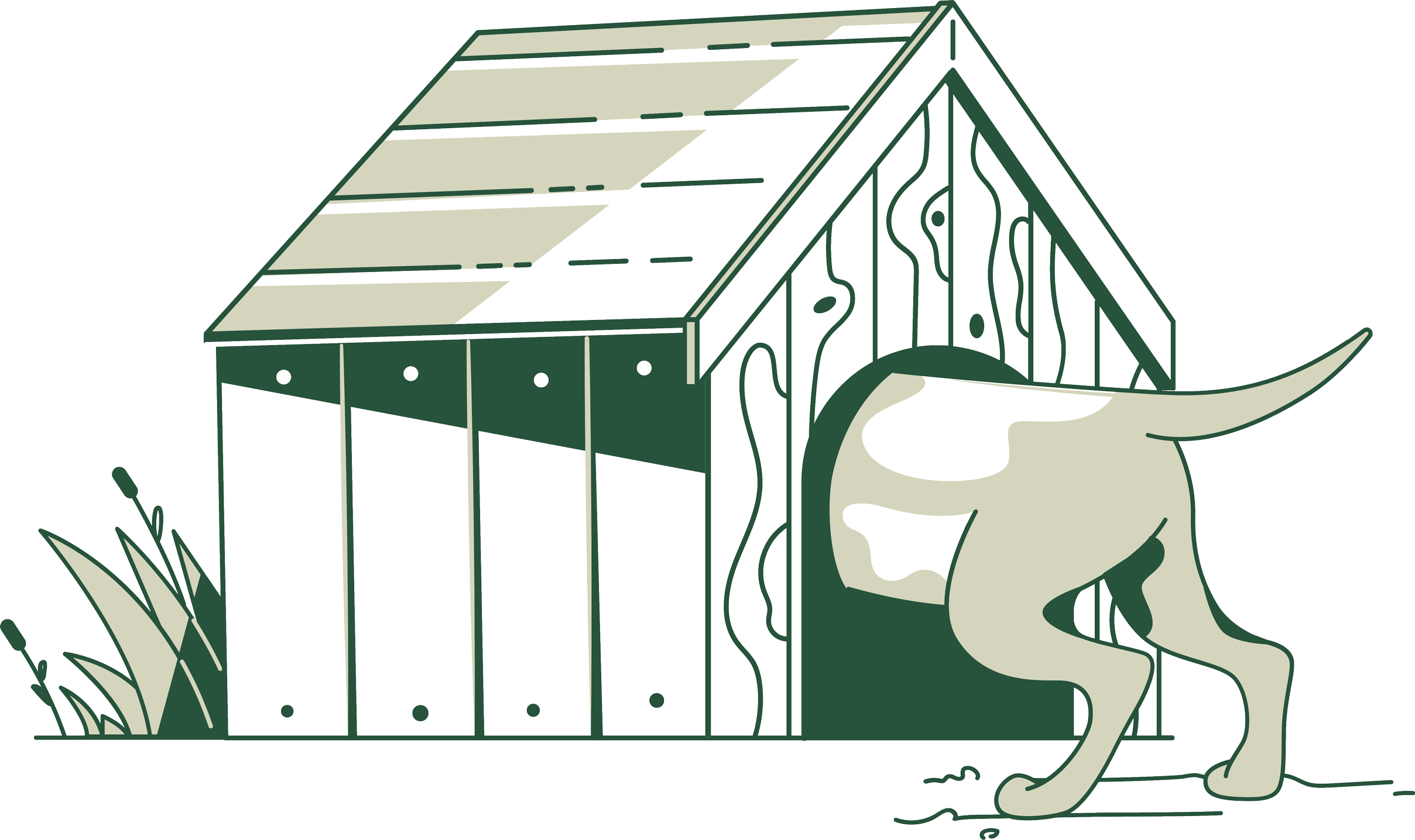 Ilustración de caseta para mascotas en tonos verdes, gráfica decorativa para tienda de alimentación y accesorios para mascotas en Atarfe